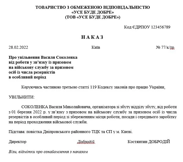 Наказ про призов резервістів Наказ про призов резервістів