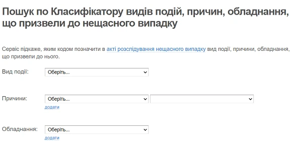 Класифікатор видів подій, причин, обладнання, що призвели до нещасного випадку Класифікатор видів подій, причин, обладнання, що призвели до нещасного випадку
